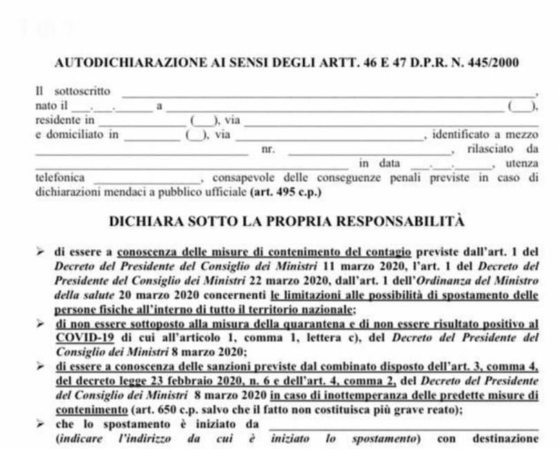 Il modello di autocertificazione degli spostamenti aggiornato al 23 marzo